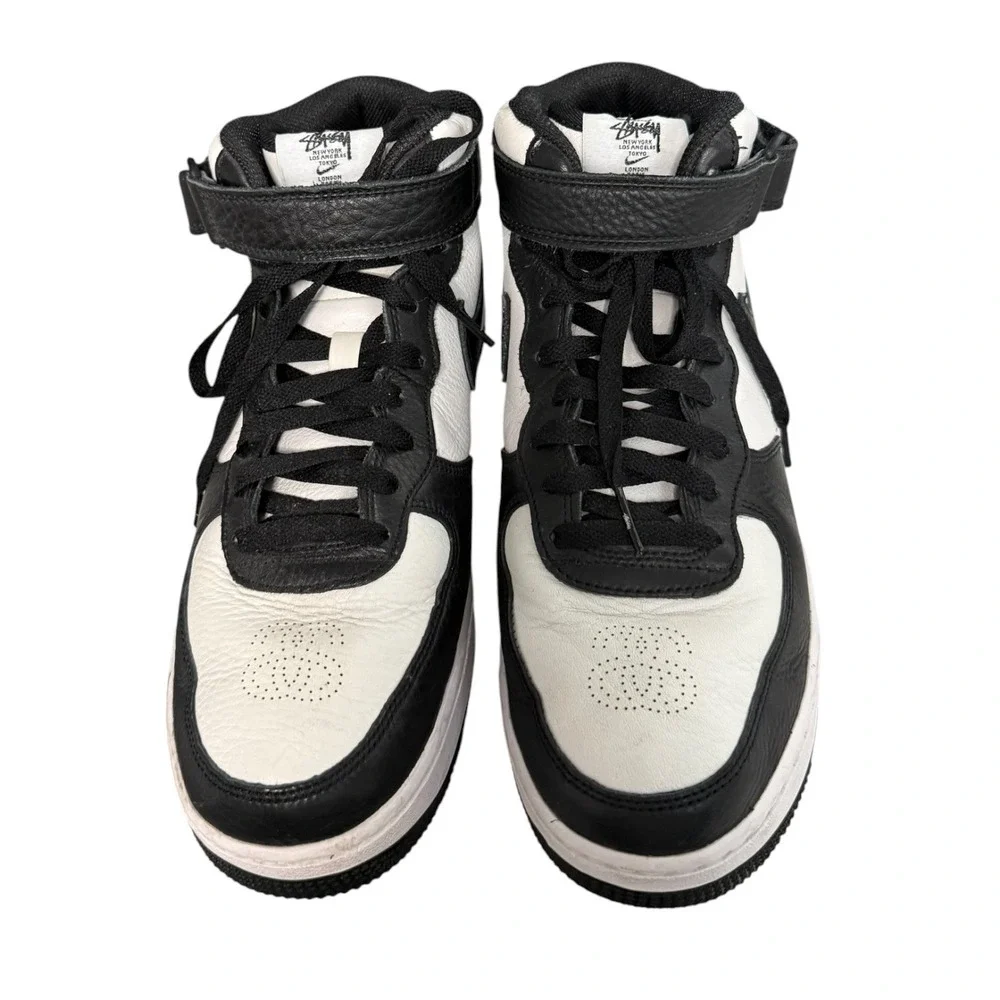 Nike Air Force 1 Mid Stussy Sneakers Mens 9.5 Light Bone Black DJ7840-002